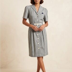 Vintage 1980’s Leslie Fay Gray Midi Dress with Belt and Button Accents Size 18